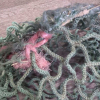 Slow Feed Hay Net - Day Bag *gc/fair, clean, baler twine repair, faded, stains, fray, rips, lg holes

