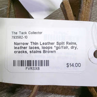 Narrow Thin Leather Split Reins, leather laces, loops *gc/fair, dry, cracks, stains
