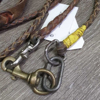 Round Braided Leather Western Split Reins *fair, mismatched, dirty, rubs, taped, BROKEN/repaired snap, older, shortened
