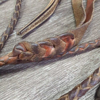Round Braided Leather Western Split Reins *fair, mismatched, dirty, rubs, taped, BROKEN/repaired snap, older, shortened

