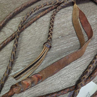 Round Braided Leather Western Split Reins *fair, mismatched, dirty, rubs, taped, BROKEN/repaired snap, older, shortened
