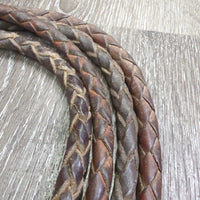 Round Braided Leather Western Split Reins *fair, mismatched, dirty, rubs, taped, BROKEN/repaired snap, older, shortened
