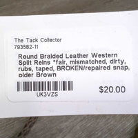 Round Braided Leather Western Split Reins *fair, mismatched, dirty, rubs, taped, BROKEN/repaired snap, older, shortened
