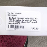Crochet Ear Bonnet Fly Veil, 2x piping, 3x bling *gc, dirty, faded, snags, stains, hair, older?
