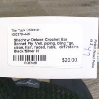 Crochet Ear Bonnet Fly Veil, piping, bling *gc, clean, hair, faded, rubs, dirt?stains
