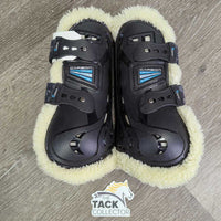 Open Front Boots, fleece lined, tabs *vgc/gc, clean, mnr clumpy, faded, scrapes, scratches & peels

