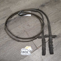 Cotton Web Reins, Finger Stoppers, Buckles *gc, v.dirty, faded, stains, frayed end, stiff
