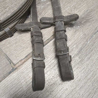Cotton Web Reins, Finger Stoppers, Buckles *gc, v.dirty, faded, stains, frayed end, stiff
