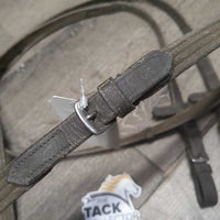 Cotton Web Reins, Finger Stoppers, Buckles *gc, v.dirty, faded, stains, frayed end, stiff
