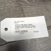 Cotton Web Reins, Finger Stoppers, Buckles *gc, v.dirty, faded, stains, frayed end, stiff
