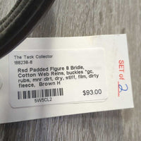 Rsd Padded Figure 8 Bridle, Cotton Web Reins, buckles *gc, rubs, mnr dirt, dry, stiff, film, dirty fleece
