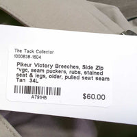 Breeches, Side Zip *vgc, seam puckers, rubs, stained seat & legs, older, pulled seat seam

