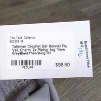 Crochet Ear Bonnet Fly Veil, Charm, 2x Piping, tag *new
