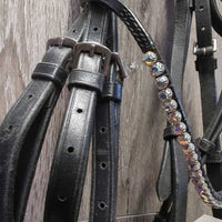 Rsd/Padded Monocrown Bridle, Bling, Flash, Crank, Cotton Web Reins *vgc, clean & mnr dirt, edge rubs, stiff, creases, older?
