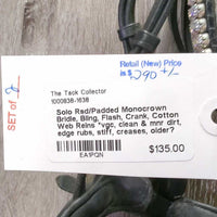 Rsd/Padded Monocrown Bridle, Bling, Flash, Crank, Cotton Web Reins *vgc, clean & mnr dirt, edge rubs, stiff, creases, older?
