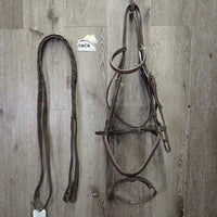 Rsd Bridle, Flash, Braided Reins *gc/fair, chews, clean & dirty, edge rubs & stains, xholes, CRACKS, flash: thin, chewed, dry
