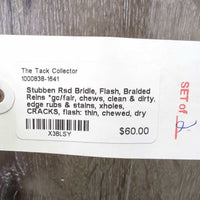 Rsd Bridle, Flash, Braided Reins *gc/fair, chews, clean & dirty, edge rubs & stains, xholes, CRACKS, flash: thin, chewed, dry
