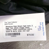 Rain Sheet, high neck, 2 legs *fair, slices, snags, clean, residue, faded, unstitched velcro, seam & darts, older, mnr wpf
