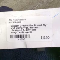 Custom Crochet Ear Bonnet Fly Veil, piping *vgc, mnr hair, discolored & dirty ears
