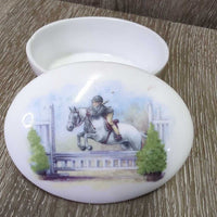 "Hunter Pony" Procelain Jewellery Dish & Lid *gc, mnr stains?dirt, chip
