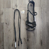 Rsd/Padded Monocrown Dressage Bridle, Crank, Throat, Padded Reins, Finger Stoppers, Bag *vgc, clean, mnr dirt/residue, rubs, threads & creases
