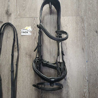Rsd/Padded Monocrown Dressage Bridle, Crank, Throat, Padded Reins, Finger Stoppers, Bag *vgc, clean, mnr dirt/residue, rubs, threads & creases
