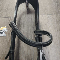 Rsd/Padded Monocrown Dressage Bridle, Crank, Throat, Padded Reins, Finger Stoppers, Bag *vgc, clean, mnr dirt/residue, rubs, threads & creases
