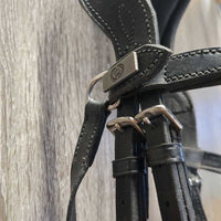 Rsd/Padded Monocrown Dressage Bridle, Crank, Throat, Padded Reins, Finger Stoppers, Bag *vgc, clean, mnr dirt/residue, rubs, threads & creases
