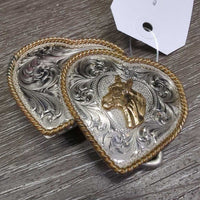 Vintage Double Heart Horse Head Belt Tooled Buckle *gc, oxidized?tarnished, ?stained, scratches
