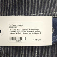 Zip Up Denim Vest, Zipper *vgc, seam puckers, clumpy fleece edges, thread, older
