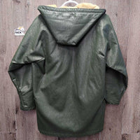 "Prof" Hvy Vinyl Rain Jacket, Hvy Fleece Lining, hood, embroidered, zipper *gc, older, creases, clean
