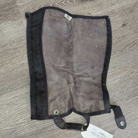 Leather Half Chaps, Back Zipper *gc, mnr film, stretched els, scrapes, residue, peeling, older
