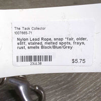 Nylon Lead Rope, snap *fair, older, stiff, stained, melted spots, frays, rust, smells
