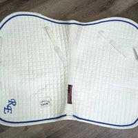 Quilt Jumper Pad, piping, "RE" *vgc, clean, mnr stains, hair, threads, pills, curled edges, dingy
