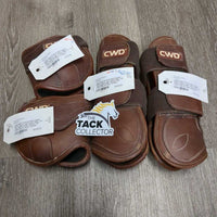 Open Front & Hind Leather Boots, velcro *vgc, clean, older, mnr rubs, peeled lining, creases, film, pulled edge & slices, threads
