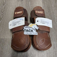 Open Front & Hind Leather Boots, velcro *vgc, clean, older, mnr rubs, peeled lining, creases, film, pulled edge & slices, threads
