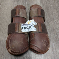 Open Front & Hind Leather Boots, velcro *vgc, clean, older, mnr rubs, peeled lining, creases, film, pulled edge & slices, threads
