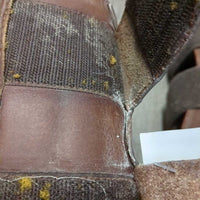 Open Front & Hind Leather Boots, velcro *vgc, clean, older, mnr rubs, peeled lining, creases, film, pulled edge & slices, threads
