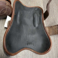 Open Front & Hind Leather Boots, velcro *vgc, clean, older, mnr rubs, peeled lining, creases, film, pulled edge & slices, threads
