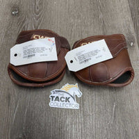 Open Front & Hind Leather Boots, velcro *vgc, clean, older, mnr rubs, peeled lining, creases, film, pulled edge & slices, threads
