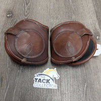 Open Front & Hind Leather Boots, velcro *vgc, clean, older, mnr rubs, peeled lining, creases, film, pulled edge & slices, threads
