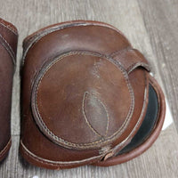 Open Front & Hind Leather Boots, velcro *vgc, clean, older, mnr rubs, peeled lining, creases, film, pulled edge & slices, threads
