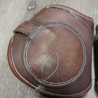Open Front & Hind Leather Boots, velcro *vgc, clean, older, mnr rubs, peeled lining, creases, film, pulled edge & slices, threads
