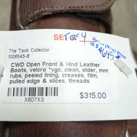 Open Front & Hind Leather Boots, velcro *vgc, clean, older, mnr rubs, peeled lining, creases, film, pulled edge & slices, threads
