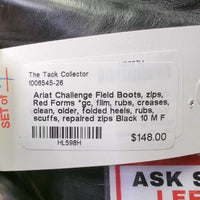 Field Boots, zips, Red Forms *gc, film, rubs, creases, clean, older, folded heels, rubs, scuffs, repaired zips
