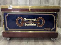 Wood & Vinyl Tack Trunk, cover, 2 trays, metal trim "Gail Greenough" *vgc, clean, mnr scuffs & scratches

