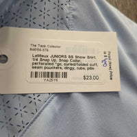 JUNIORS SS Show Shirt, 1/4 Snap Up, Snap Collar, perforated *gc, curled/folded cuff, seam puuckers, dingy, rubs, pills

