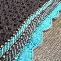 Tie Down Crochet Ear Bonnet Fly Veil, elastic Loop, 2x Bling, 2x Piping *new
