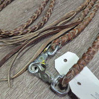 2x Braided Leather Short Split Reins, 2x alligator snaps *gc, clean, dry, stains, stiff, rubs, edge scrapes
