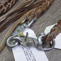 2x Braided Leather Short Split Reins, 2x alligator snaps *gc, clean, dry, stains, stiff, rubs, edge scrapes
